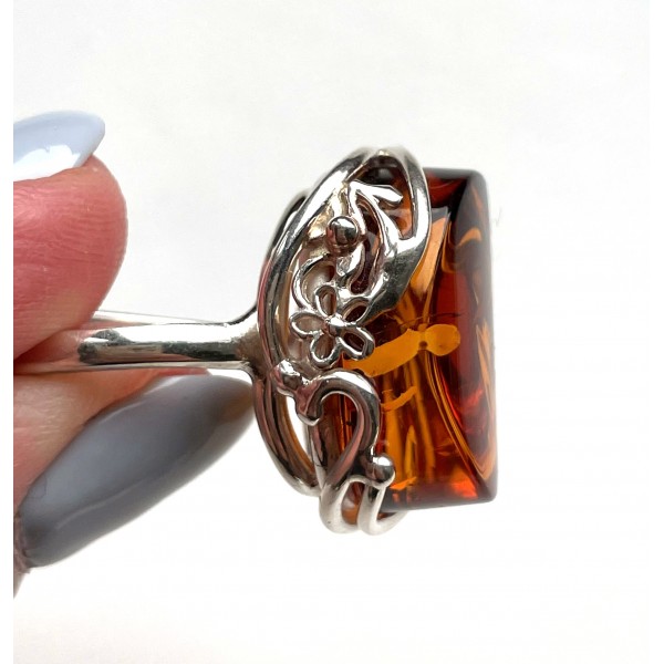 Cognac color Genuine Baltic Amber ADJUSTABLE Silver Ring -